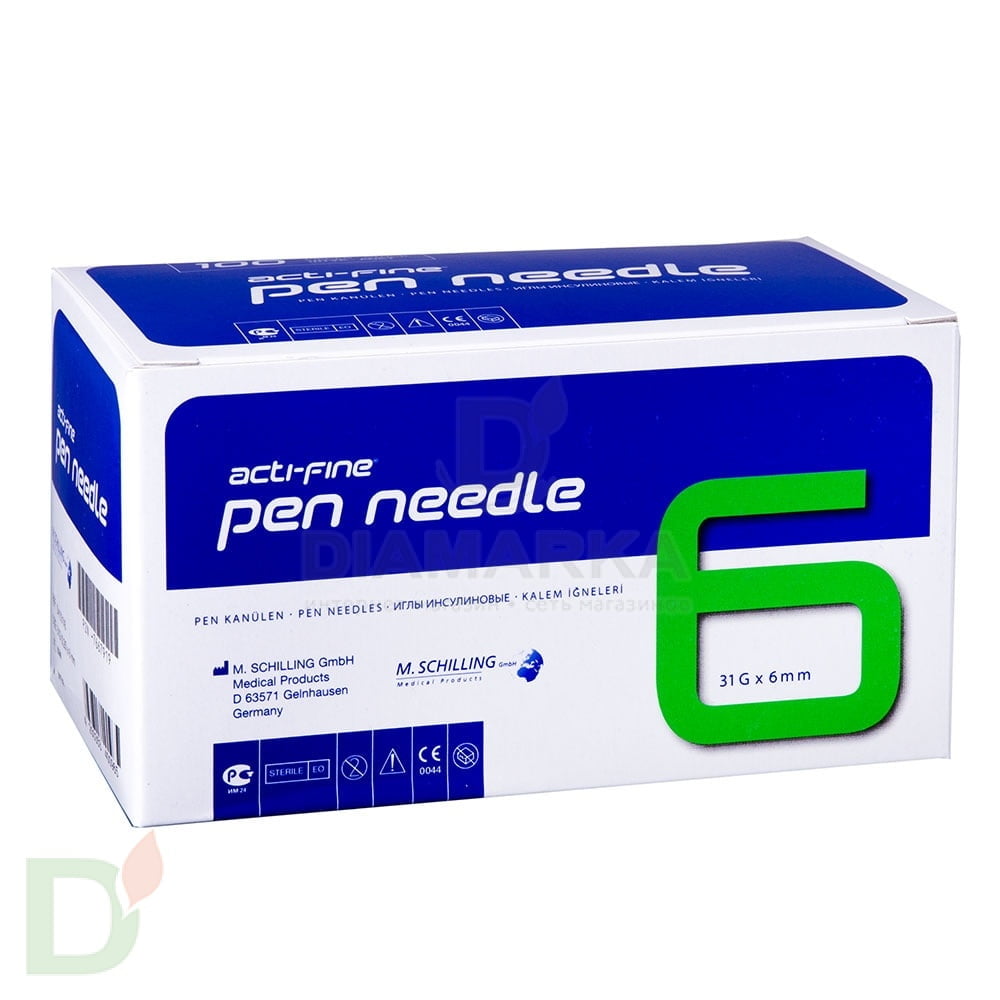 Иглы Акти-Файн (Acti-Fine) 31G, длина 6 мм, 100 штук, для шприц ручек